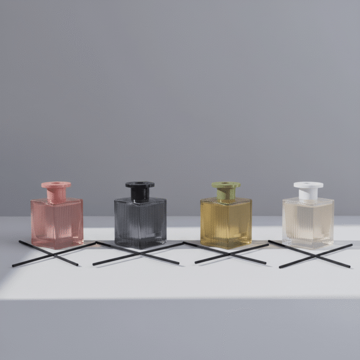 Modern coral ribbed glass diffuser with vertical textured lines, compact square shape, available at Mint LB Zahle Lebanon