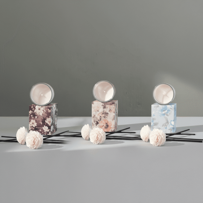 Decorative floral scented candle jar with clear top in plum, beige, and blue floral patterns; floral scented candle jar available at Mint LB Zahle Lebanon