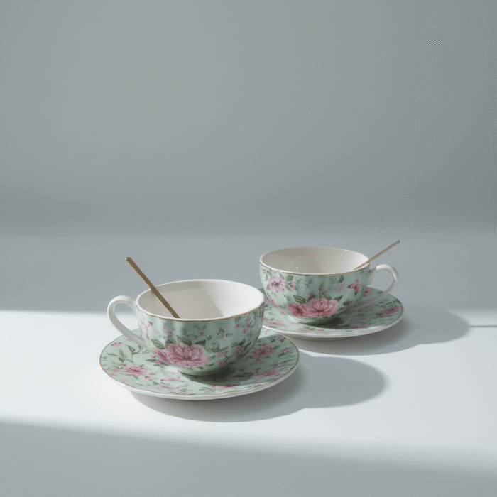 Floral Porcelain Teacup & Saucer Set (Green) (4)