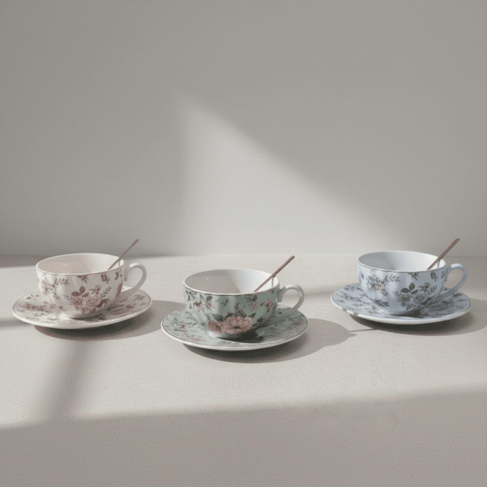 Delicate premium floral teacup set with white, sage green, and blue floral patterns and matching spoons, available at Mint LB Zahle Lebanon