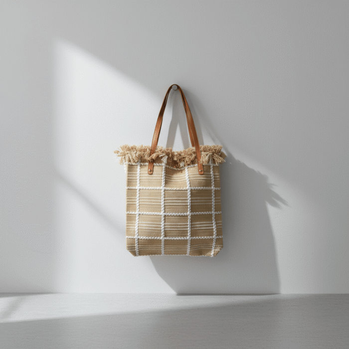Chic sand grid beach tote bag with woven sand and white grid, brown handles, and fringe detail, available at Mint LB Zahle Lebanon