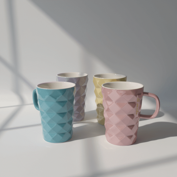 Set of pastel mugs with raised diamond texture in blue, pink, yellow, lilac pastel diamond mug set, available at Mint LB Zahle Lebanon