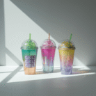 Vibrant girls gradient water cup with pink, green, and yellow fades, glitter dome lid, reusable straw, available at Mint LB Zahle Lebanon