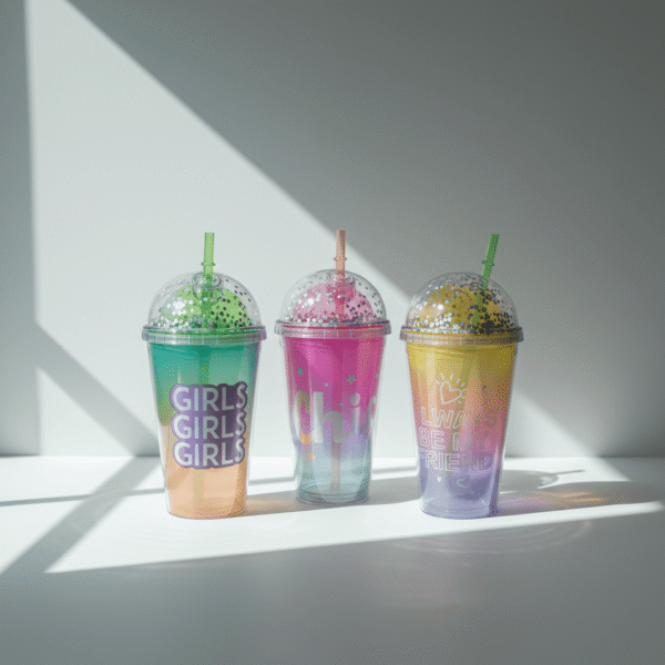 Vibrant girls gradient water cup with pink, green, and yellow fades, glitter dome lid, reusable straw, available at Mint LB Zahle Lebanon