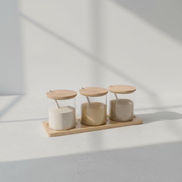 Three-piece natural minimalist spice jar set with clear containers, neutral lids, and matching spoons on a rectangular base, natural minimalist spice jar set, available at Mint LB Zahle Lebanon