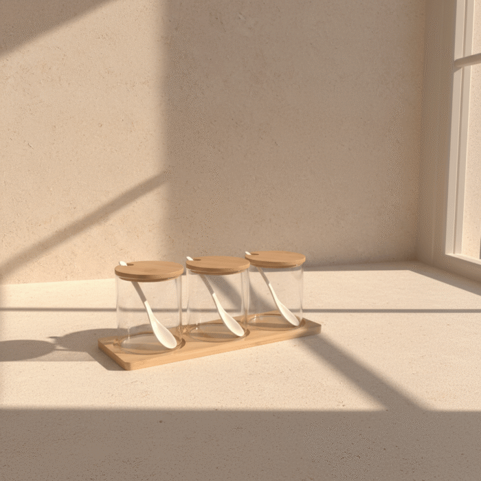 Glass Spice Jar Set with Wooden Lids and Spoons (3)