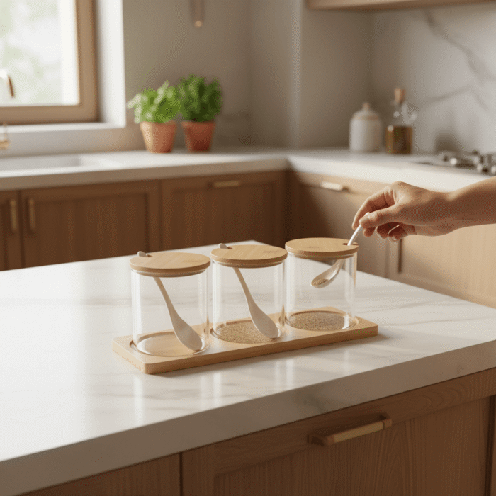 Glass Spice Jar Set with Wooden Lids and Spoons (4)