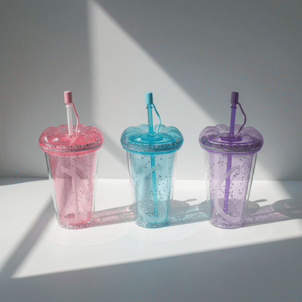 Vibrant blue glitter water cup with matching straw and double-wall sparkle effect, blue glitter water cup, available at Mint LB Zahle Lebanon