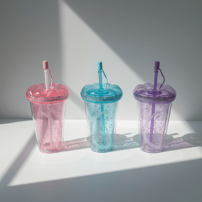 Vibrant blue glitter water cup with matching straw and double-wall sparkle effect, blue glitter water cup, available at Mint LB Zahle Lebanon