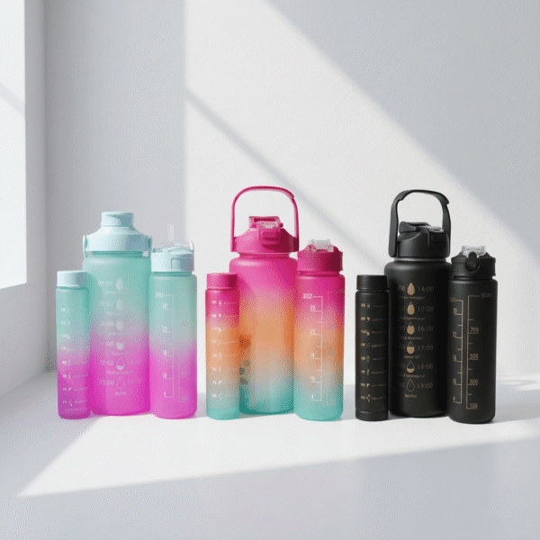 Selection of gradient reusable water bottles with time markers and secure flip-top lids, available at Mint LB Zahle Lebanon