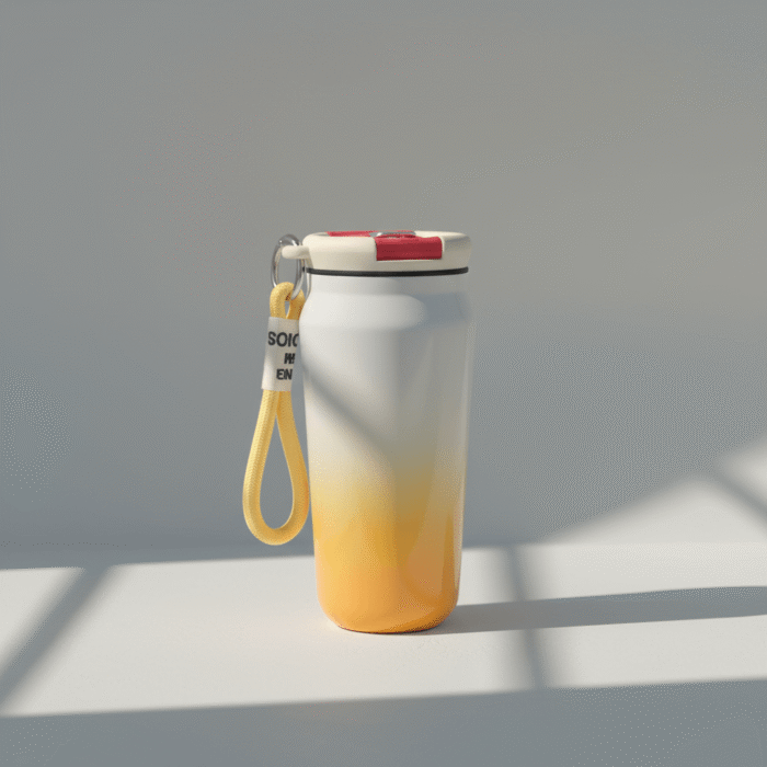 Modern white-yellow gradient water bottle with lockable flip lid and yellow wrist strap, white-yellow gradient water bottle, available at Mint LB Zahle Lebanon