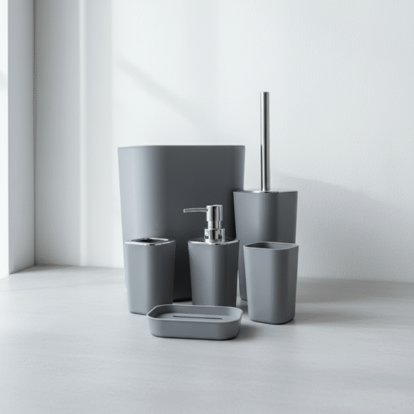 Modern gray bathroom set with smooth matte finish, 6 pieces, chrome accents, available at Mint LB Zahle Lebanon