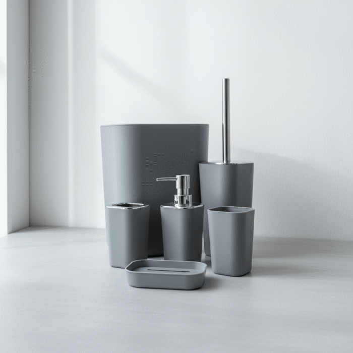 Modern gray bathroom set with smooth matte finish, 6 pieces, chrome accents, available at Mint LB Zahle Lebanon