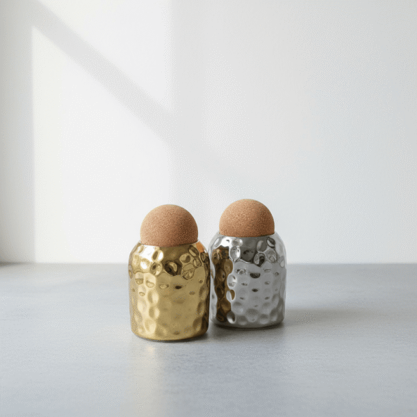 Modern gold silver hammered storage jar with natural cork lid, metallic finish, available at Mint LB Zahle Lebanon