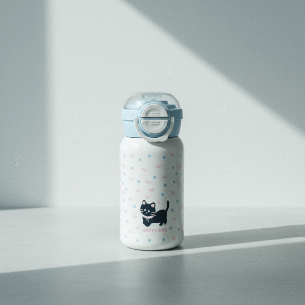 Playful light blue kids water bottle with Happy Cat design, secure flip lid and bright accents, available at Mint LB Zahle Lebanon