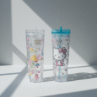 Charming clear Hello Kitty water cup with diamond-texture finish, blue and pink lid, reusable straw, available at Mint LB Zahle Lebanon