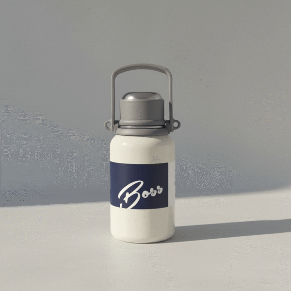 Cream compact thermos bottle with navy accent, gray handle, and modern lid, available at Mint LB Zahle Lebanon