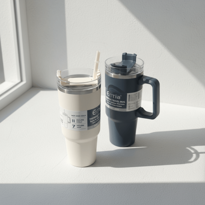 Sleek cream and slate travel tumblers with ergonomic handle, spill-resistant lids, and straw option cream slate travel tumbler available at Mint LB Zahle Lebanon