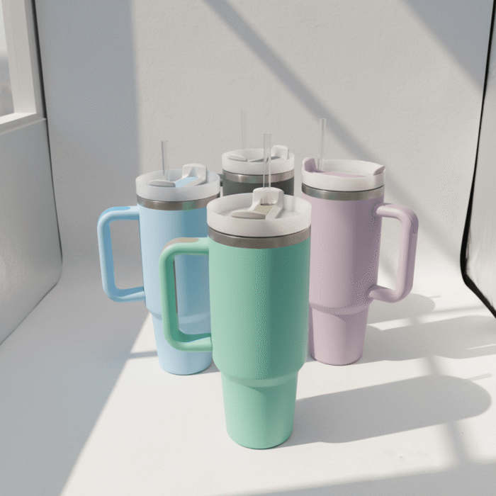 Modern pastel tall insulated tumbler with handle, reusable straw lid, smooth finish, available at Mint LB Zahle Lebanon