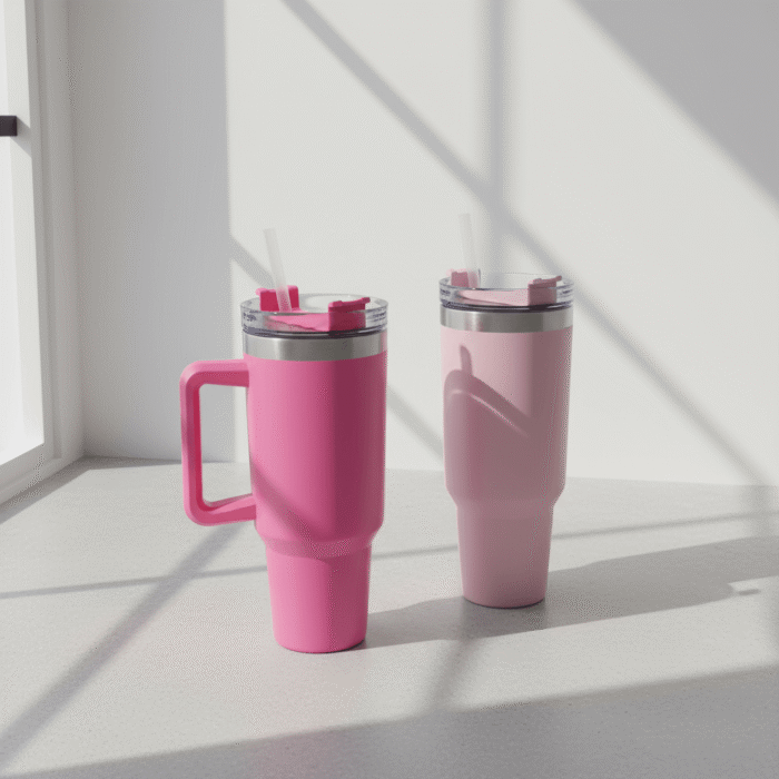 Modern pink tall insulated tumbler with ergonomic handle, smooth finish, and secure lid, pink tall insulated tumbler, available at Mint LB Zahle Lebanon