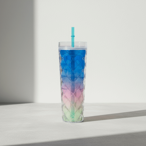 Vibrant blue gradient water cup with jewel-textured exterior and reusable straw, blue gradient water cup, available at Mint LB Zahle Lebanon