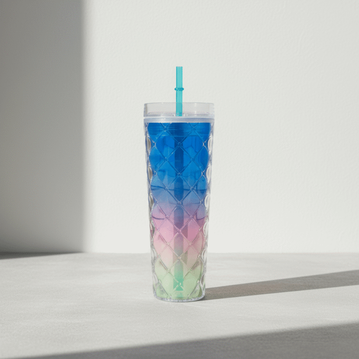Vibrant blue gradient water cup with jewel-textured exterior and reusable straw, blue gradient water cup, available at Mint LB Zahle Lebanon