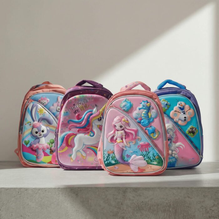 Colorful kids character backpack set with pastel pink, purple, peach and blue, featuring 3D playful designs, available at Mint LB Zahle Lebanon