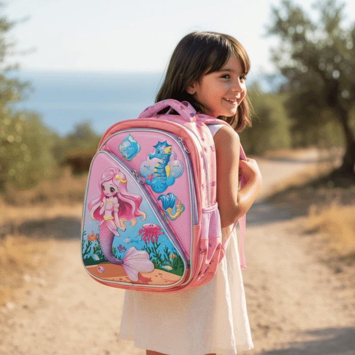 Kids 3D Character School Bag – Mermaid Design (Light Pink) (4)