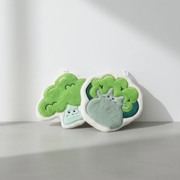 Adorable sage green kids bath gloves with playful broccoli characters, sage green kids bath gloves, available at Mint LB Zahle Lebanon