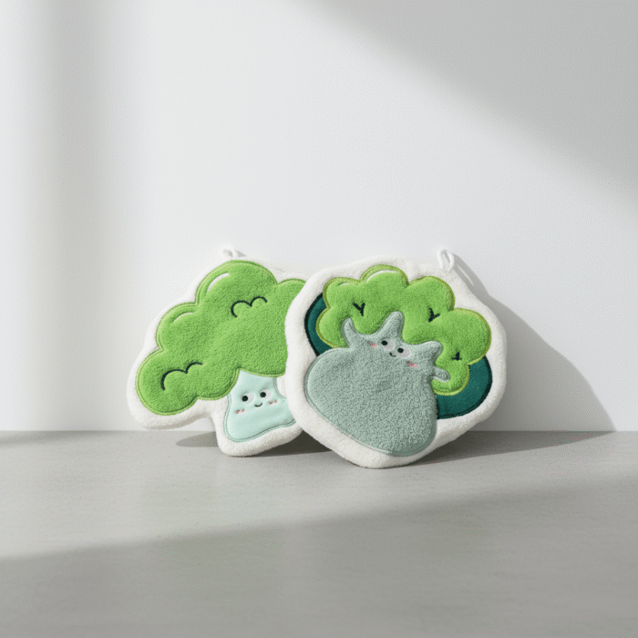 Adorable sage green kids bath gloves with playful broccoli characters, sage green kids bath gloves, available at Mint LB Zahle Lebanon