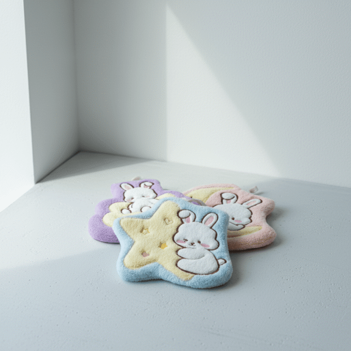 Pastel star-shaped bath glove with bunny embroidery pastel star bath glove bunny in blue, yellow, pink, and lavender, available at Mint LB Zahle Lebanon