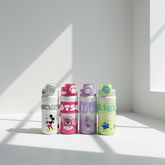 Colorful kids character water bottles collection with flip-top lids and vibrant character wraps, available at Mint LB Zahle Lebanon