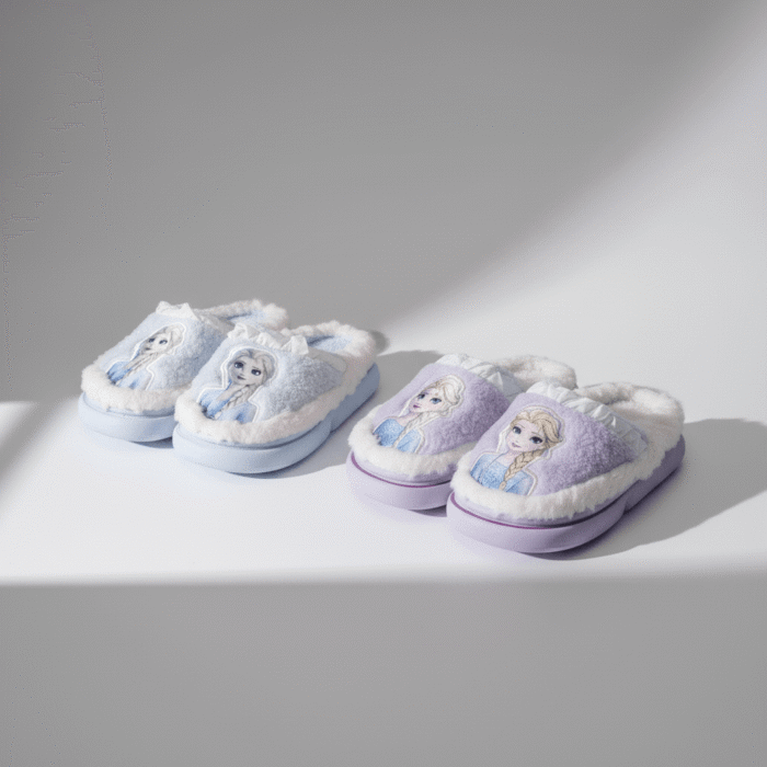 Pastel blue and lavender kids clogs with fluffy white lining and Elsa character, pastel Elsa kids clogs, available at Mint LB Zahle Lebanon