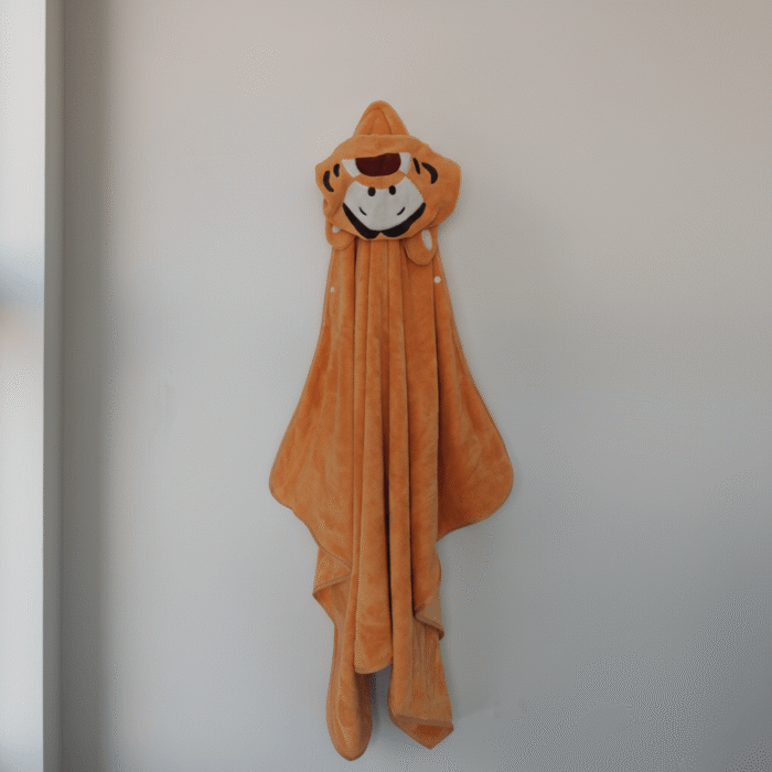 Playful orange hooded kids bathrobe with animal face and ears, orange hooded kids bathrobe, available at Mint LB Zahle Lebanon