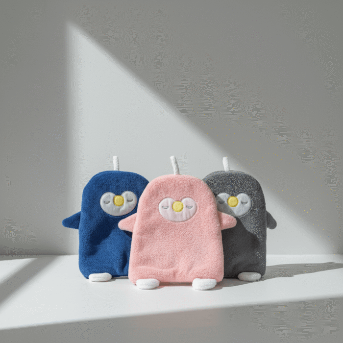 Plush pink penguin bath glove with cream face, feet, and loop, pink penguin bath glove cute playful design, available at Mint LB Zahle Lebanon