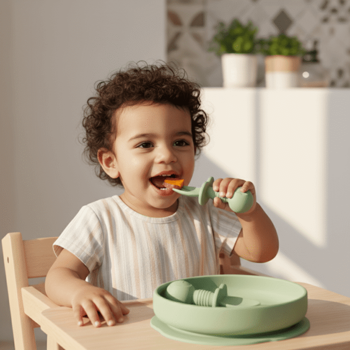 Kids Silicone Spoon & Fork Set – Green (2)