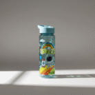 Clear light blue kids water bottle with colorful space design and flip-top lid, light blue kids water bottle, available at Mint LB Zahle Lebanon