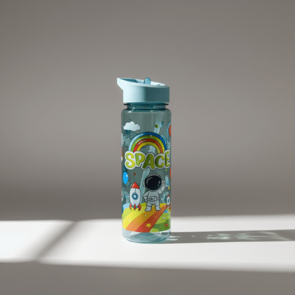 Clear light blue kids water bottle with colorful space design and flip-top lid, light blue kids water bottle, available at Mint LB Zahle Lebanon