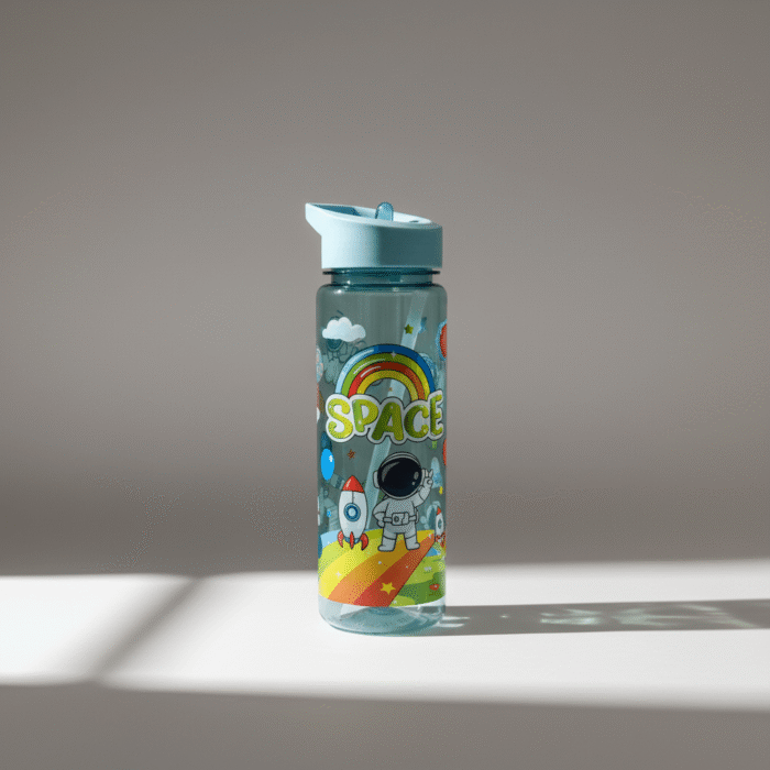 Clear light blue kids water bottle with colorful space design and flip-top lid, light blue kids water bottle, available at Mint LB Zahle Lebanon