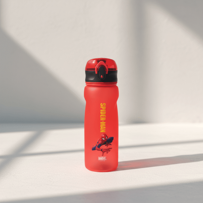 Bright red kids Spider-Man water bottle with secure flip-top lid, Marvel graphics, easy-grip silhouette, available at Mint LB Zahle Lebanon