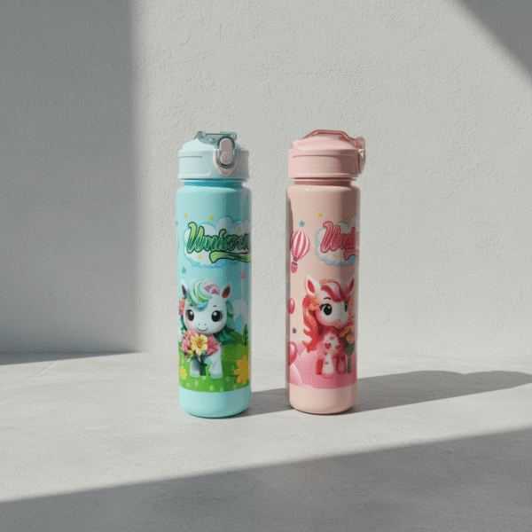 Adorable pink blue unicorn water bottle with secure flip-top lid and playful artwork, available at Mint LB Zahle Lebanon