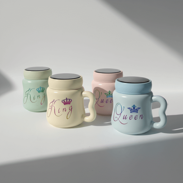 Glossy pastel ceramic mug set with King and Queen script, matching lids, soft cream, blue, pink, mint colors, available at Mint LB Zahle Lebanon