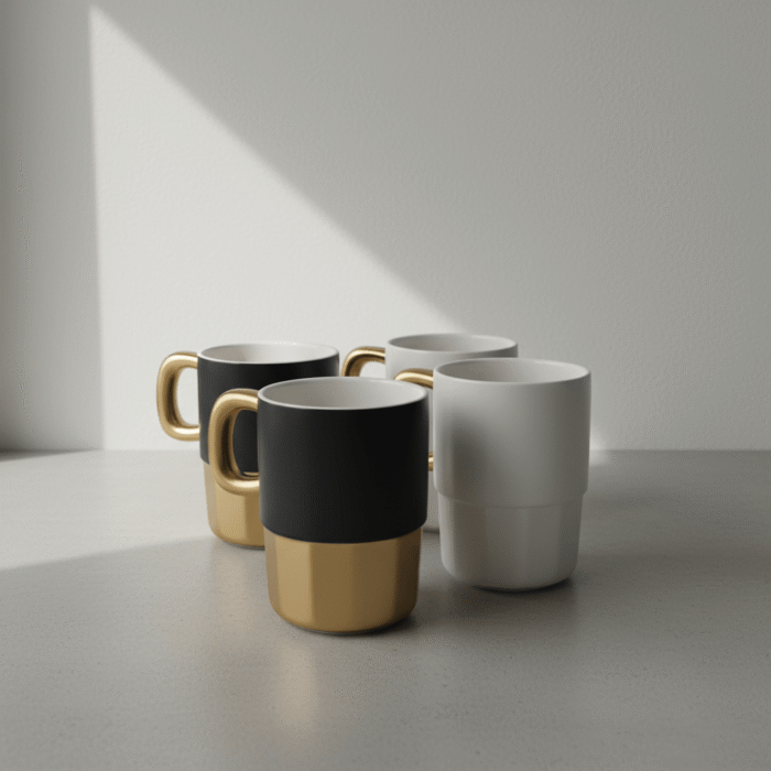 Modern black white ceramic mug with matte finish and gold handle, black white ceramic mug available at Mint LB Zahle Lebanon
