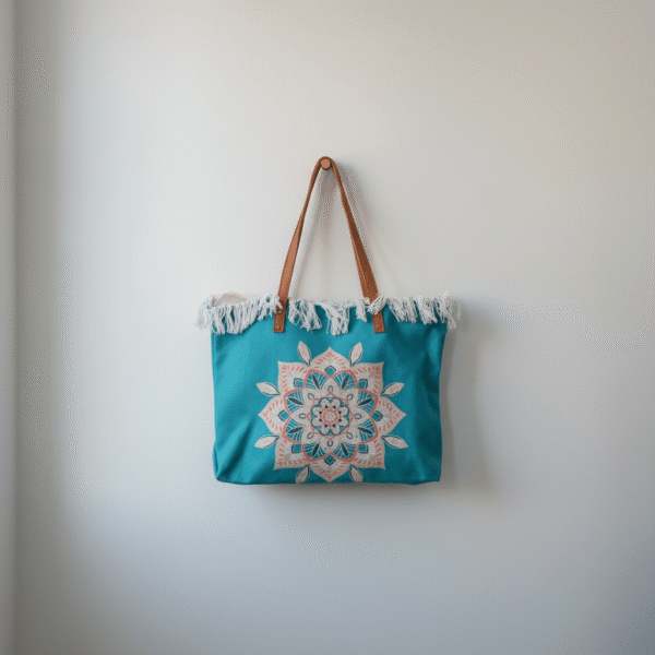 Spacious aqua blue beach bag with mandala print and white fringe, aqua blue beach bag for summer, available at Mint LB Zahle Lebanon