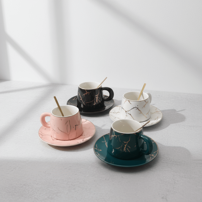 Elegant marble coffee cup set in pink, black, white, and teal with gold vein pattern, marble coffee cup set, available at Mint LB Zahle Lebanon