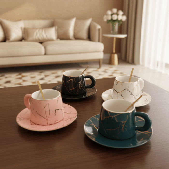 Marble Ceramic Coffee Cup Set (2 Cups + 2 Saucers) – Available in 4 Colors (3)