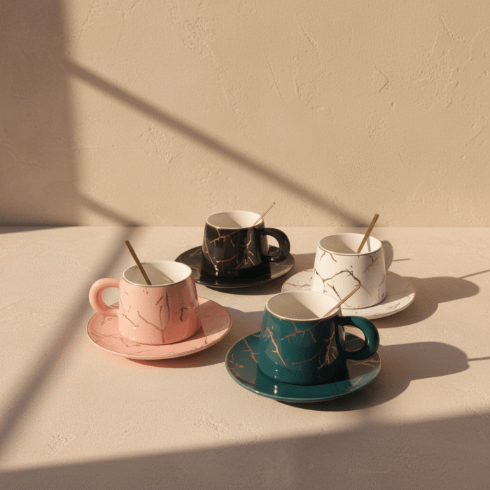 Marble Ceramic Coffee Cup Set (2 Cups + 2 Saucers) – Available in 4 Colors (4)