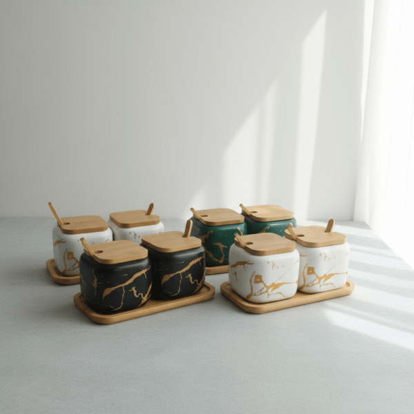 Premium marble spice jar set with black, white, and green marble finish, smooth crafted lids and tray, available at Mint LB Zahle Lebanon