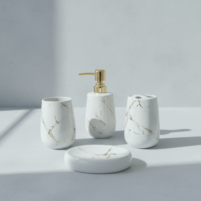 Elegant white bathroom set marble gold with marble veining and gold dispenser, available at Mint LB Zahle Lebanon