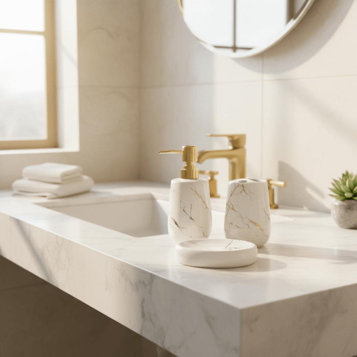 Marble-Inspired Ceramic Bathroom Set with Gold Accents – 4-Piece (4)
